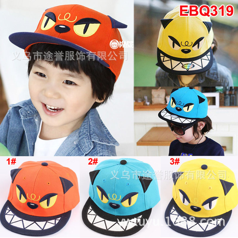 EBQ319 恶魔猫牙齿耳朵刺绣韩版儿童嘻哈平沿街舞帽