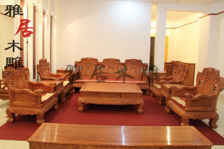 缅甸花梨沙发组合 中式精雕鲤鱼跃龙门如意沙发10件套 红木家具