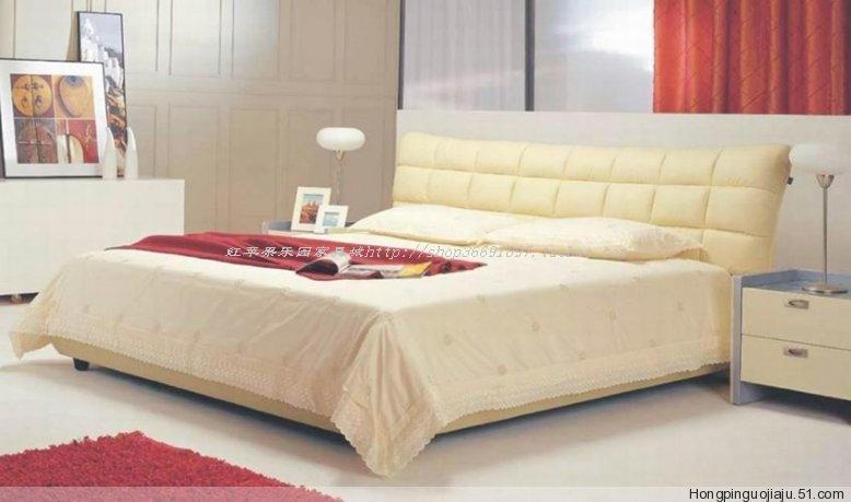 真皮软床 皮艺床米黄色皮床 双人床1.8米可做床箱632-1