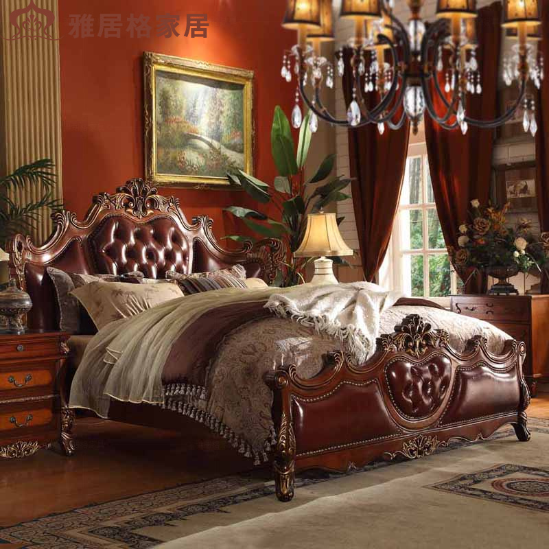雅居格 美式全实木真皮床 高档欧式双人床婚床1.8米F98307