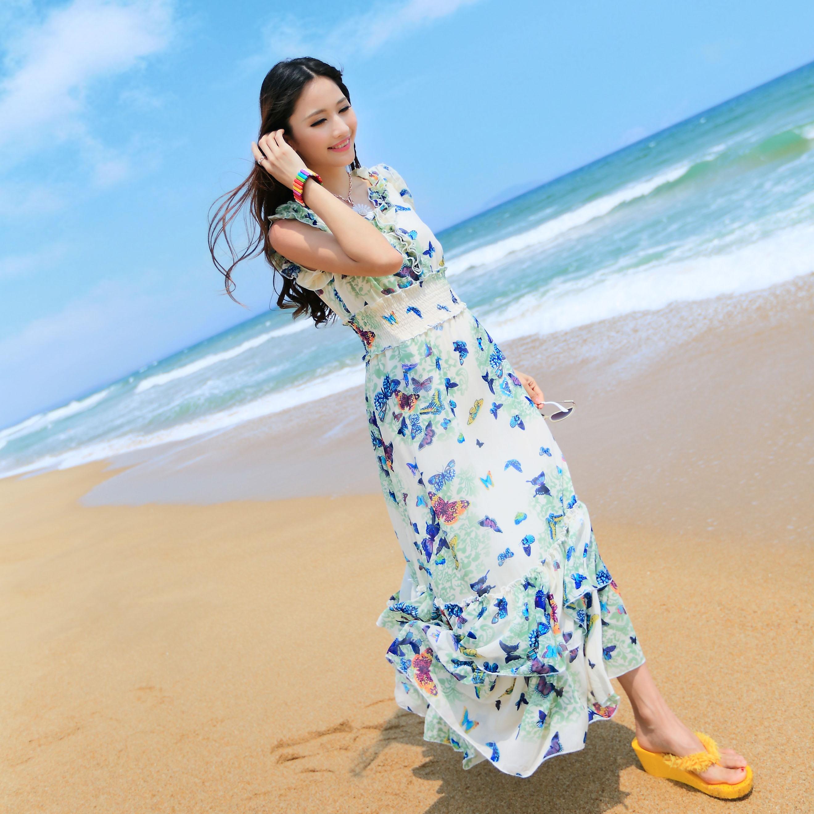 夏装新款韩版甜美短袖印花夏季雪纺连衣裙 收腰显瘦波西米亚长裙