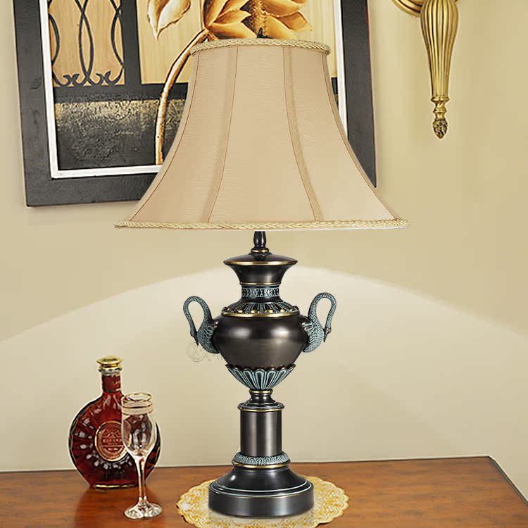 仿古美式台灯欧式纯铜灯具客厅卧室床头灯别墅书房做旧全铜布灯罩