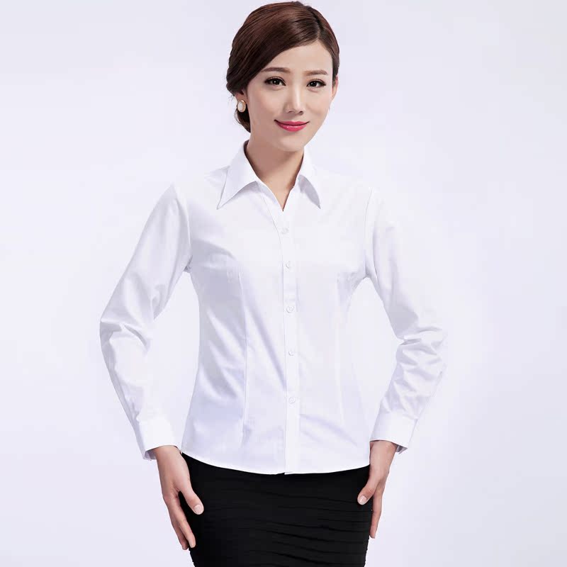 包邮2014职业装女士长袖衬衫工装修身OL通勤大码纯白色女衬衣上班