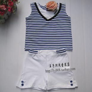 2015年最新韩版童装男童夏款海军风条纹短袖套装儿童套装 特价
