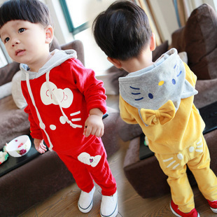 男童女童宝宝套装婴儿秋冬装套装加厚款猫咪套装儿童韩版套装