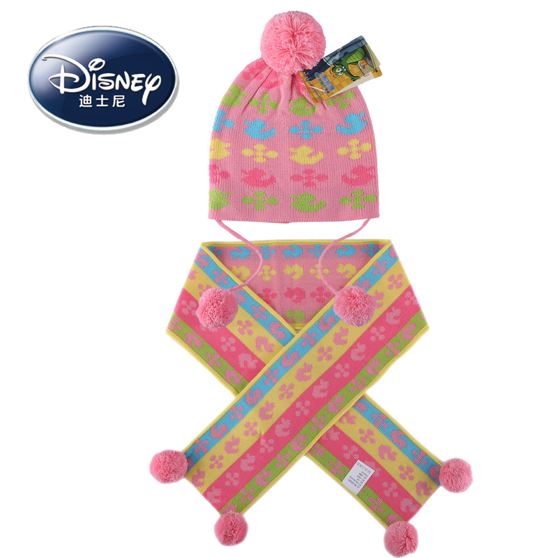 迪士尼 秋冬新款 粉色彩条针织保暖儿童帽子围巾两件套滑雪套装