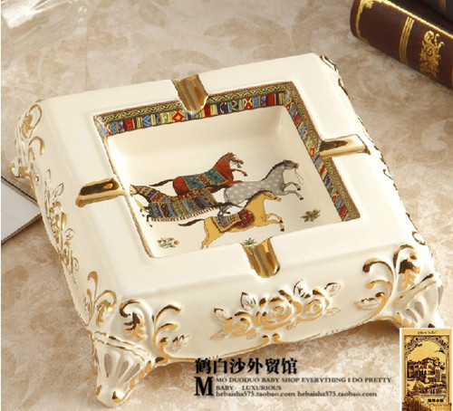 法国Hermes爱马仕风格烟灰缸 高品质象牙瓷 手绘描金 原包装 大号