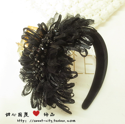 韩国进口handmade甜美黑色网纱流苏珍珠珠蕾丝大花朵发箍发饰头饰