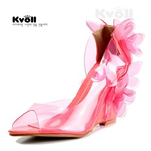 Kvoll女凉鞋 女式女士鞋可爱立体蝴蝶粉色透明树脂鱼嘴坡跟超高跟