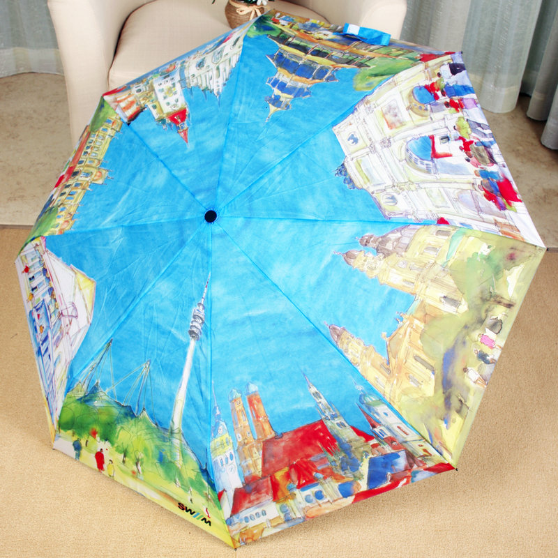 Joy shop！城市风景兰色天空油画创意折叠伞防紫外线自动晴雨伞