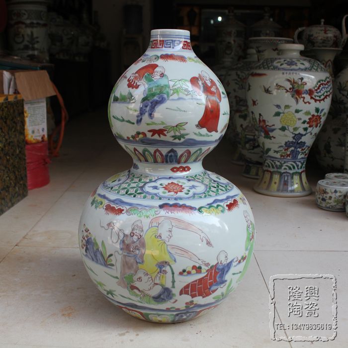 景德镇陶瓷花瓶摆件名人陶瓷花瓶手绘仿古五彩人物葫芦仿大明宣德