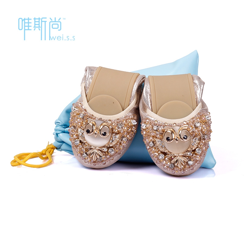 2014新款女鞋 时尚猫头水钻 舒适可折叠跳舞鞋平底蛋卷鞋单鞋