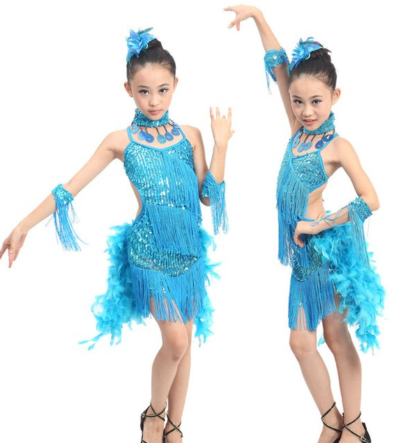 最新款式女蓝色儿童羽毛款拉丁舞蹈裙拉丁比赛裙子拉丁套装拉丁舞
