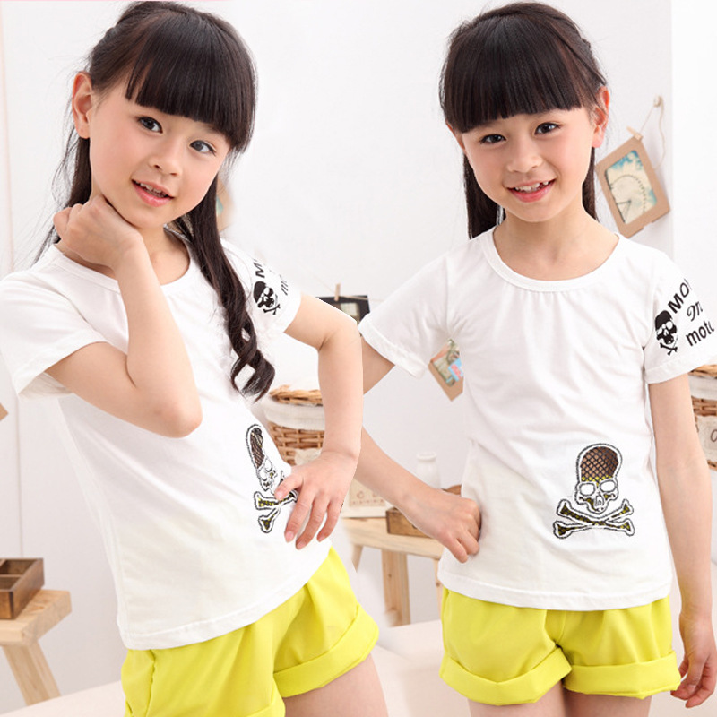 2015韩版童装夏装新款 男童女童骷髅头短袖T恤上衣TB3410