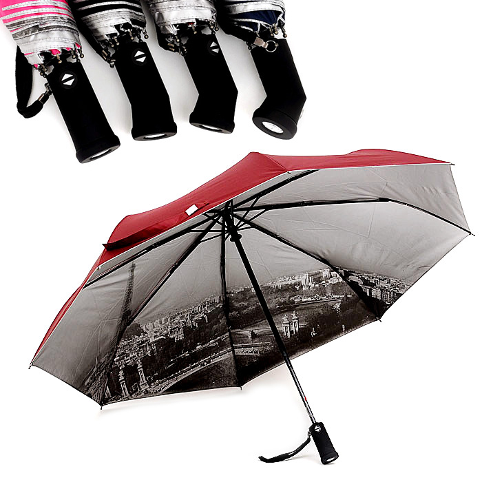 时尚巴黎铁塔银胶全自动伞 带手电筒/晴雨伞/遮阳伞/防紫外线折伞