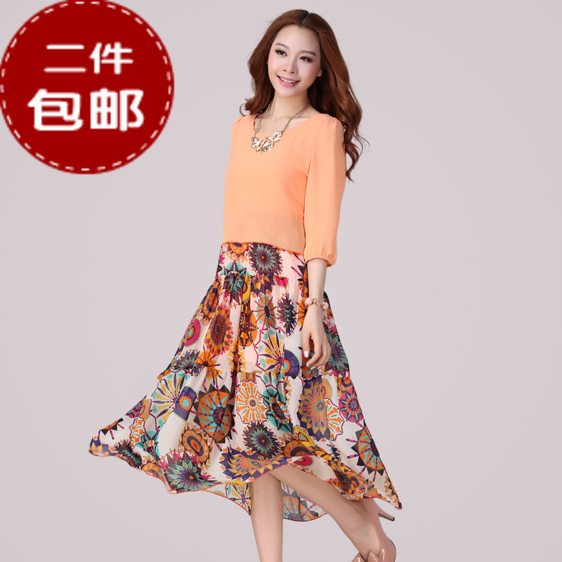 2014夏装新款韩版假二件套雪纺长裙胖mm花色连衣裙加大码长裙XL