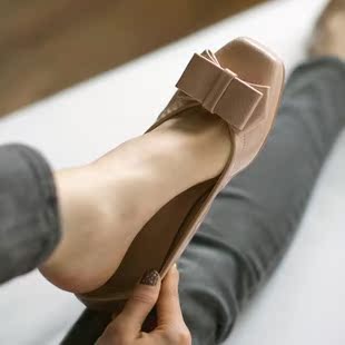 韩国代购正品女鞋2014春新公主方头船鞋低跟蝴蝶结平底鞋裸色单鞋