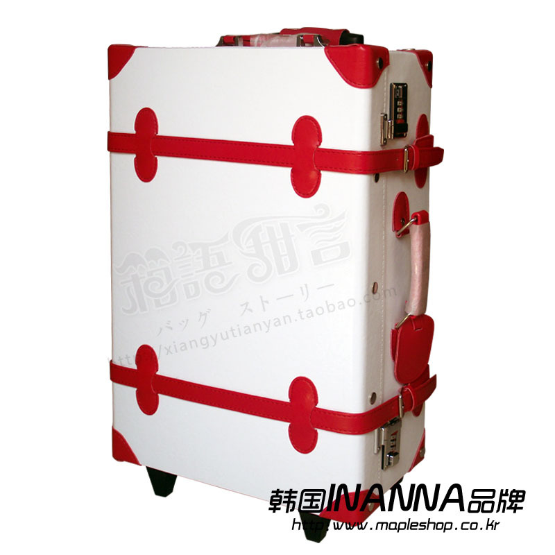 冲冠韩国复古天使白+红色PU皮箱拉杆箱行李箱包22寸
