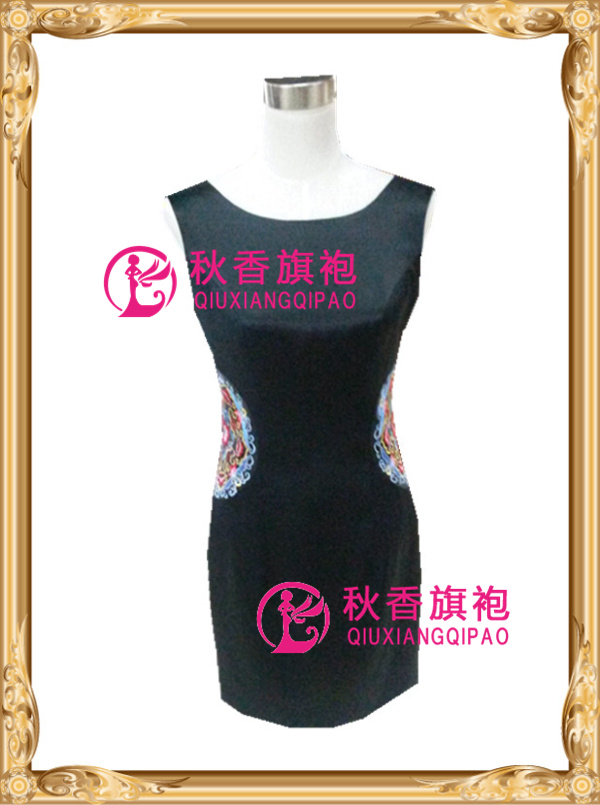 新款限量促销2014年夏季M绣花连衣裙真丝裙子定做黑色高档衣服