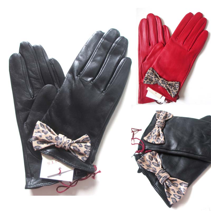 新品~进口小羊皮 真皮冬季女式手套 英国品牌 豹纹蝴蝶结 有大码