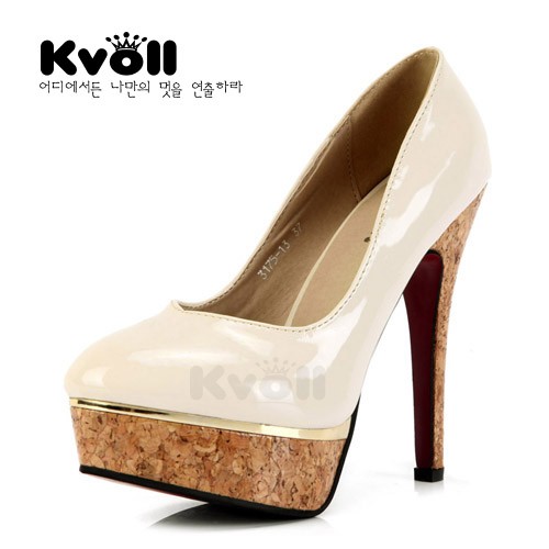 正品Kvoll单鞋 女韩版珠光杏色漆皮显瘦百搭超高跟防水台女鞋新款
