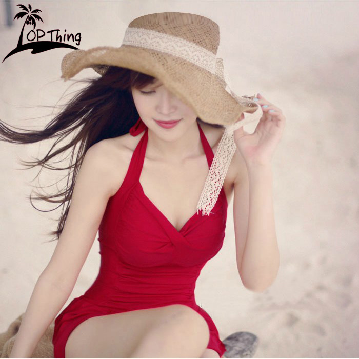 2015新款韩版女士挂脖 聚拢保守遮肚显瘦泳装 裙式连体三角游泳衣