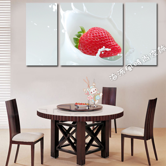 现代家居客厅餐厅装饰画时尚无框画儿童房卧室三联画墙画草莓牛奶