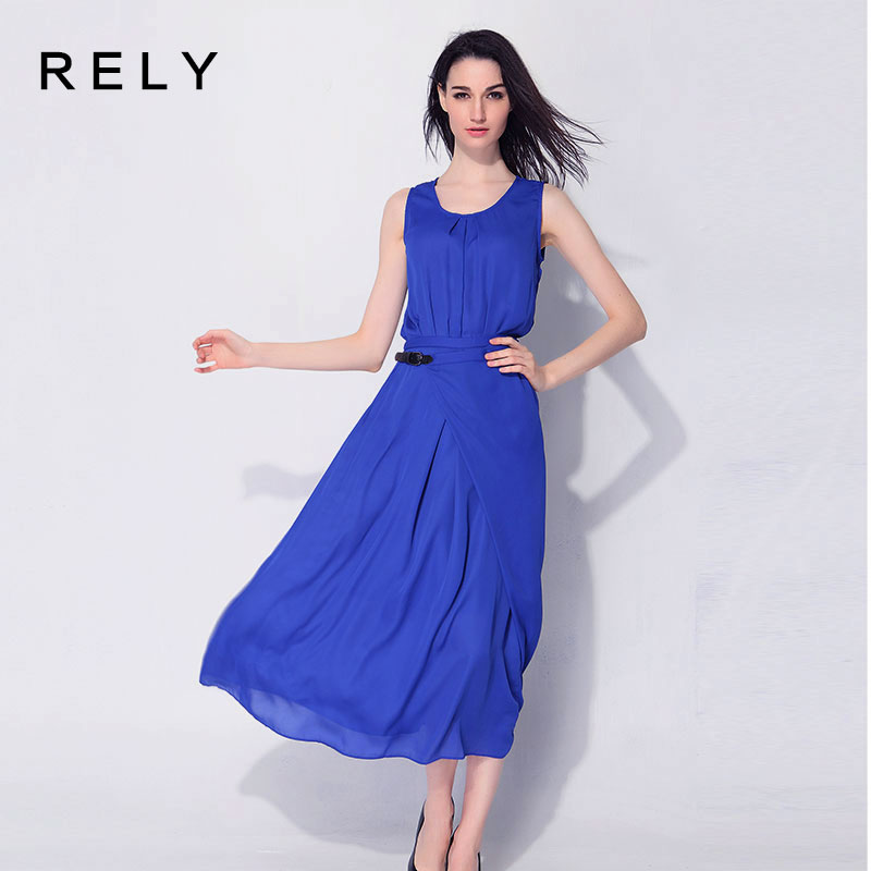 2014夏装新款欧美大牌时尚气质修身蓝色无袖拖地长款雪纺连衣裙女