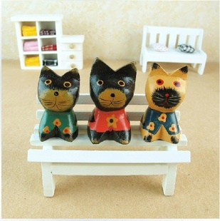 2个起拍 巴厘岛 木质工艺品摆件 原木手工彩绘木雕 迷你可爱猫