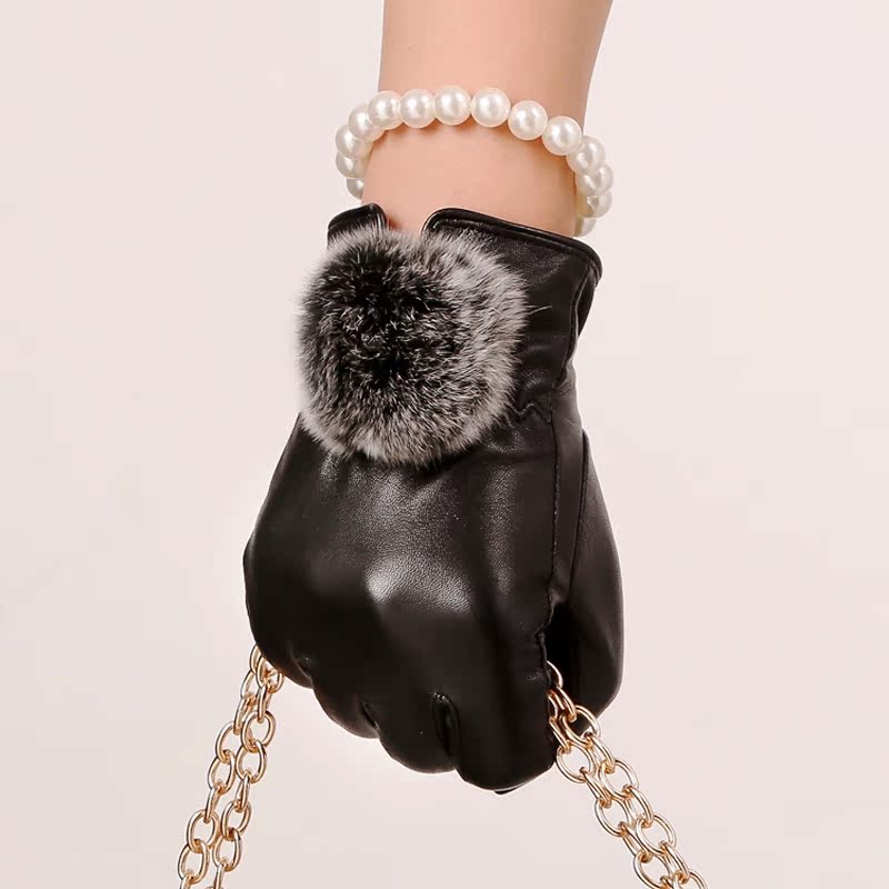 洋威 冬季女士真皮手套可爱兔毛韩版时尚加绒加厚真皮手套包邮