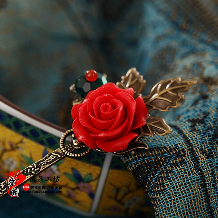 漠子工坊原创中国风红色发钗新娘发饰复古民族风玫瑰花朵盘发簪子
