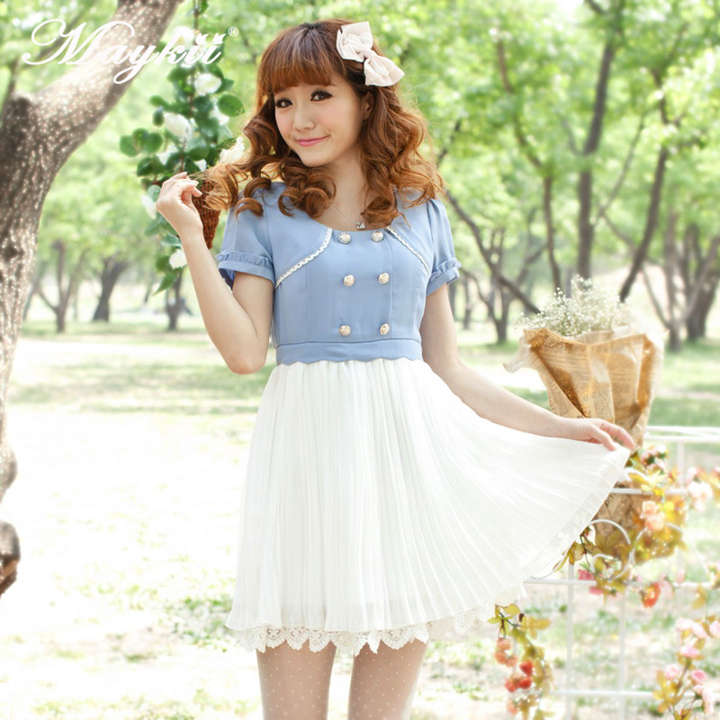 【媚婍】2014春夏装新款日系甜美雪纺拼接可爱气质连衣裙