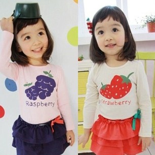 2014新品儿童套装女童水果长袖t恤+条纹假两件裙裤两件套T144004