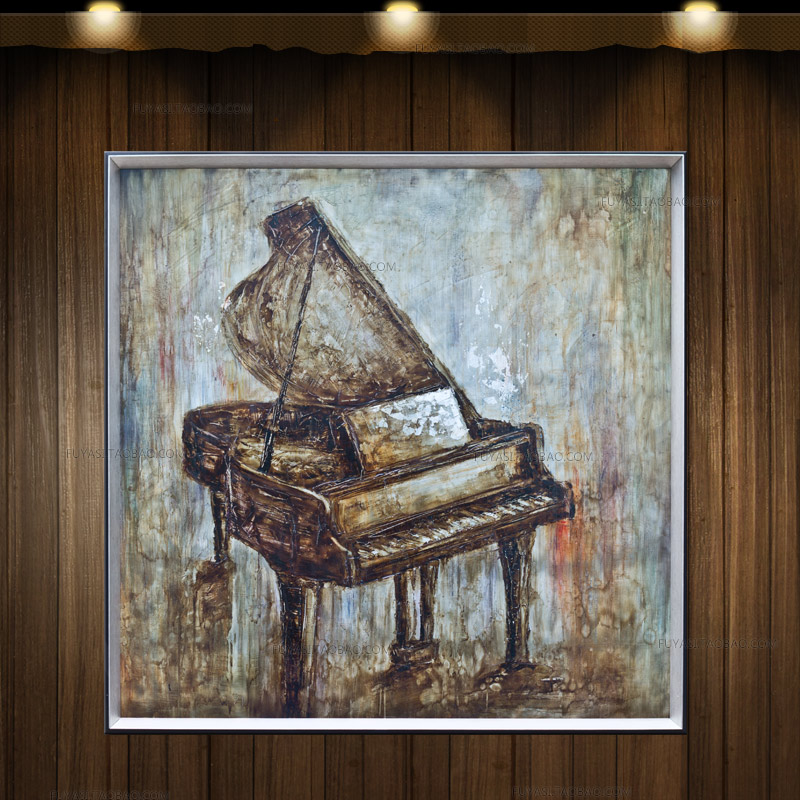钢琴 意大利复古做旧手绘铁皮画 美式乡村有框油画挂画客厅装饰画