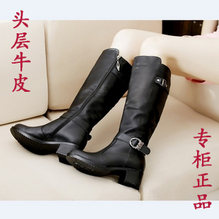 2013新品韩版真皮粗跟皮带扣机车靴牛皮马丁靴骑士靴高筒长靴子女