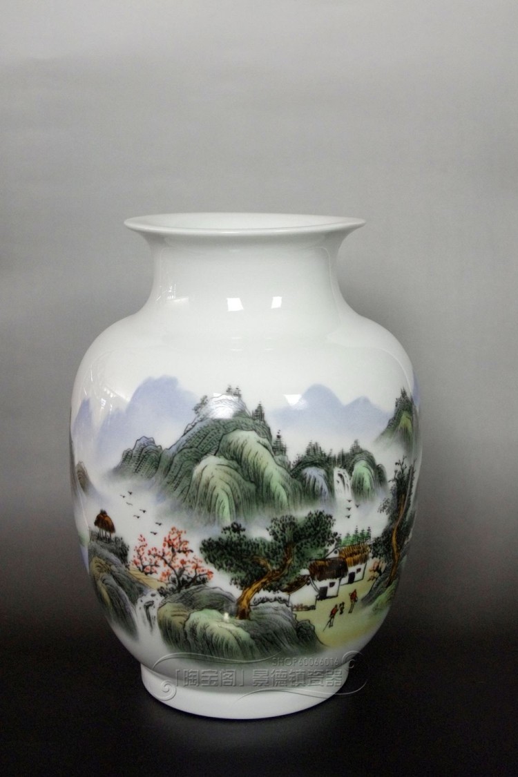 景德镇瓷器 手绘山水画风景名家作品陶瓷花瓶 现代家居装饰摆件