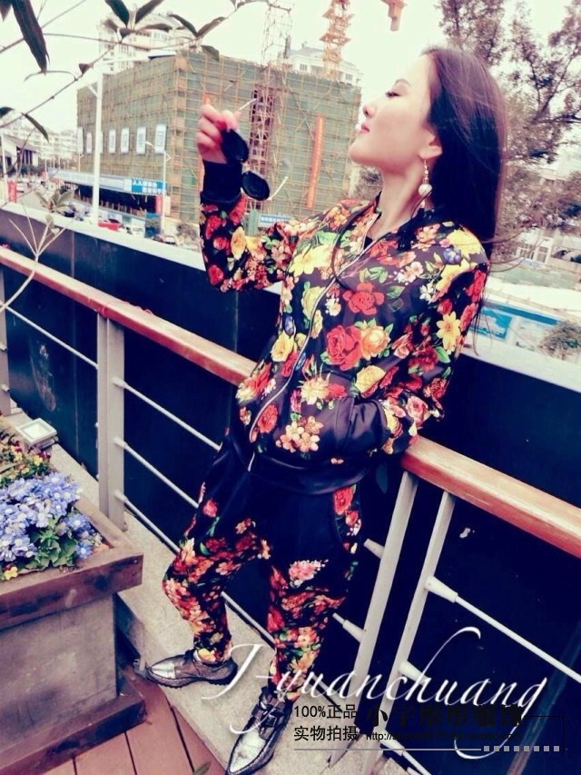2015早秋新款大码女装运动服套装韩版修身显瘦花朵立领卫衣两件套