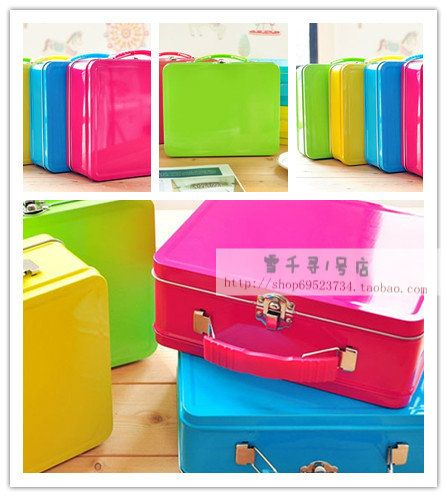 韩国文具 糖果色 手提 收纳盒/铁盒（大号）礼品盒 荧光色铁盒