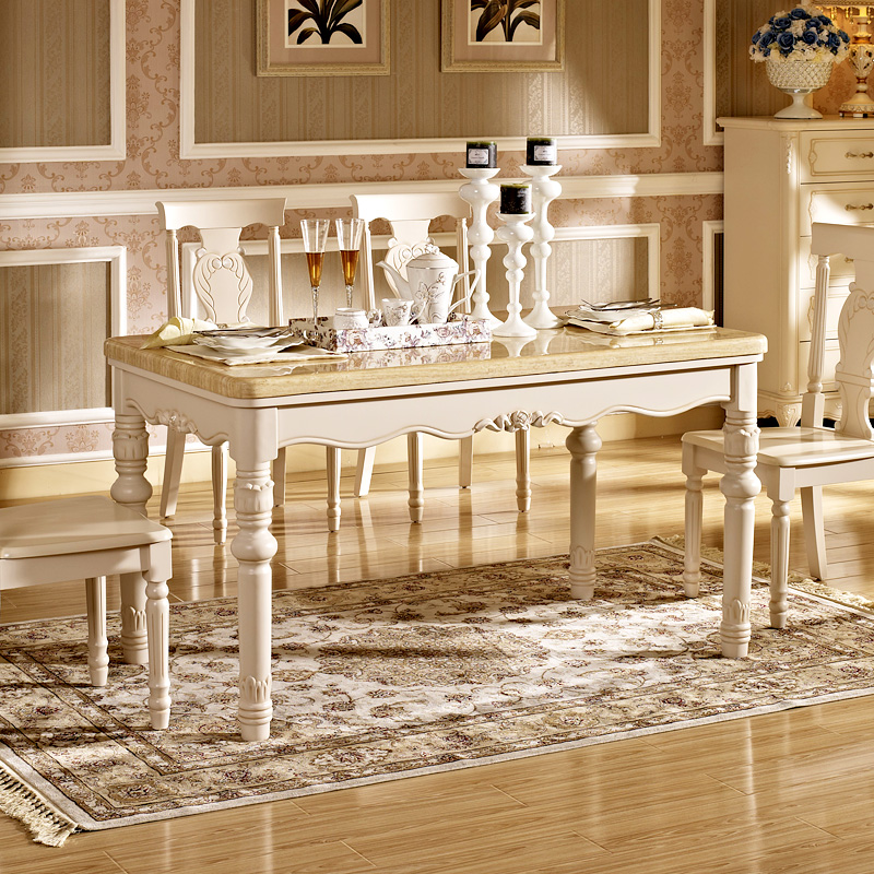 中欧式实木餐桌椅组合象牙白色大理石条形餐台高档雕花餐厅家具