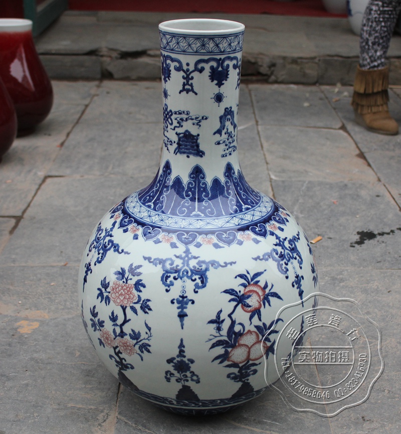 景德镇陶瓷 手绘仿古青花釉里红 天球瓶 家居客厅陈设艺术花瓶