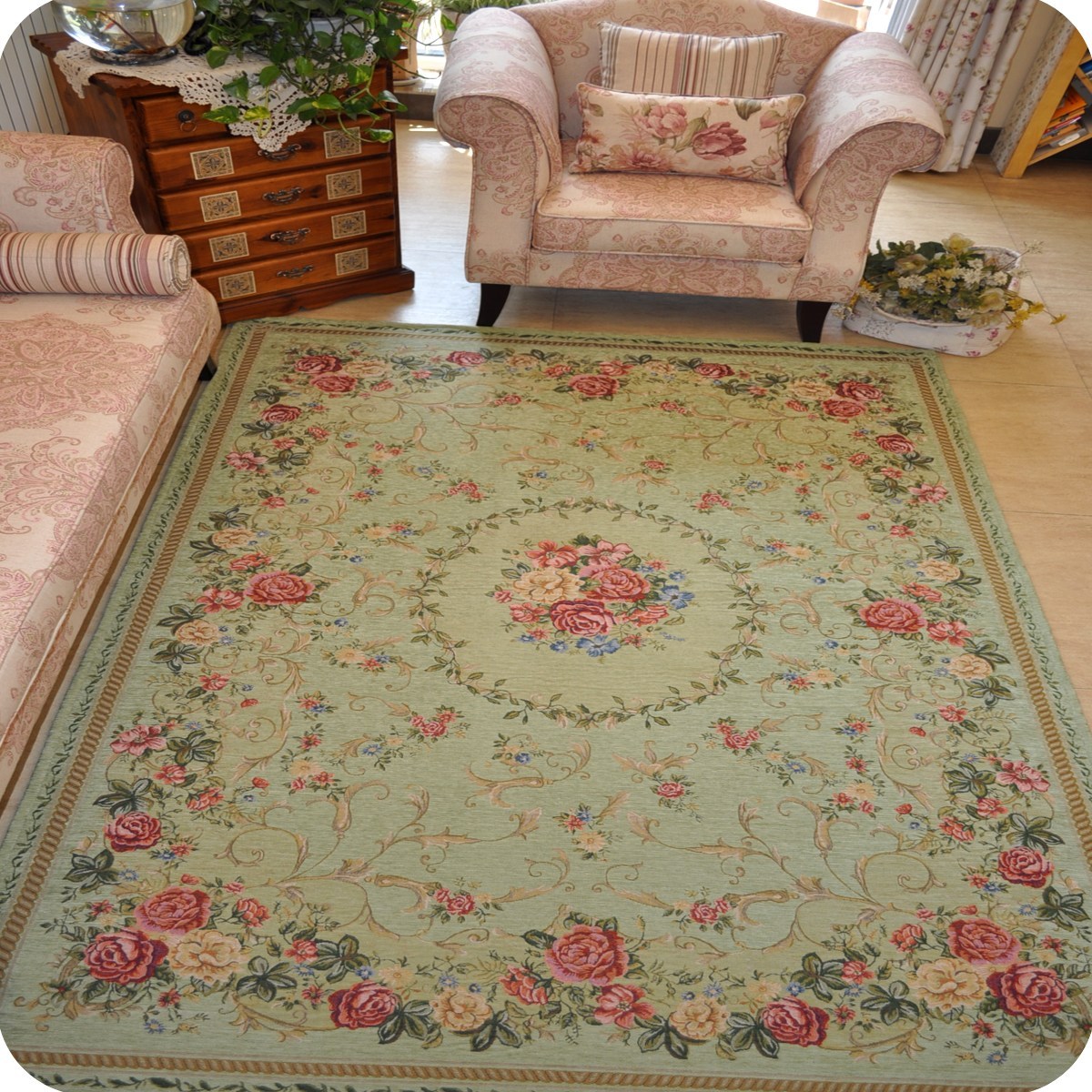 可机洗地毯客厅薄茶几地毯 美式乡村田园 坐旧绿 卧室床边地毯垫