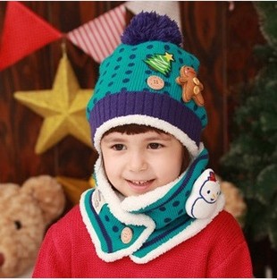 包邮 冬季 圣诞雪人 加绒儿童帽子+围脖 套帽 针织帽毛线帽围脖