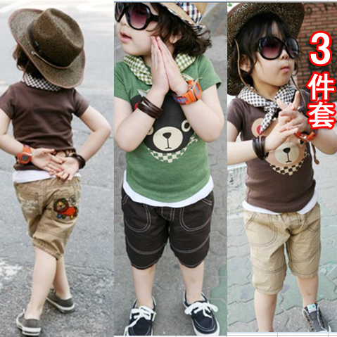 韩版童装夏装2013新款男童儿童夏季卡通休闲短袖卡通小熊三件套装