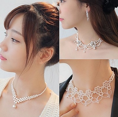 OKBA韩国进口饰品水钻珍珠水晶多层珍珠新娘短项链 遮疤痕女