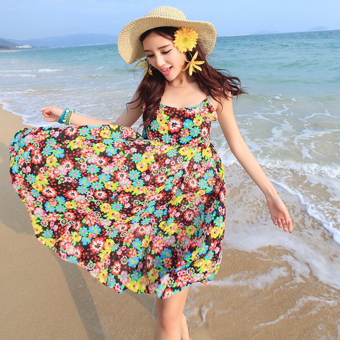 韩版甜美性感露背波西米亚裙高腰碎花雪纺吊带连衣裙短裙沙滩裙子