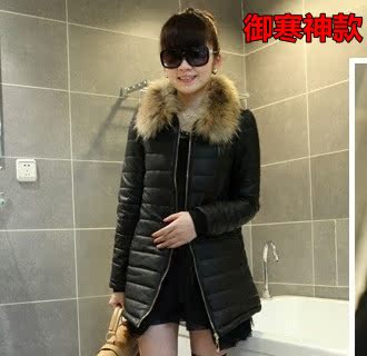 2013冬装女装新款韩版加厚外套棉衣修身棉服毛领中长款PU皮棉衣