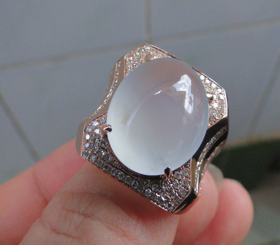 天然A货白色冰种起荧光翡翠戒指环9K14K18K金镶玉钻石款式参考女