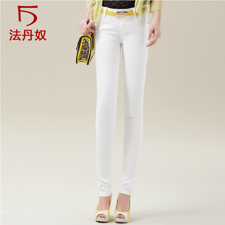 2014春夏女式牛仔裤 新款白色长裤裤 浅色铅笔小脚裤