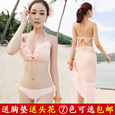 韩国新款泳衣比基尼三件套小胸钢托聚拢性感显瘦bikini披纱泳装女