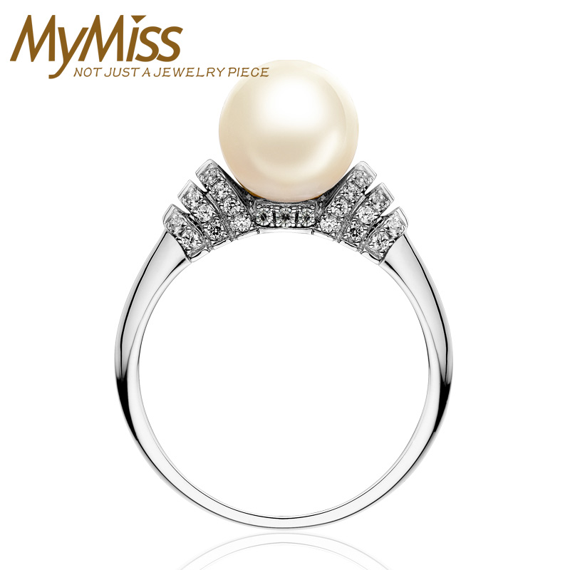 Mymiss麦米其 925银镀铂金镶嵌淡水珍珠戒指环 无瑕疵珍珠送妈妈